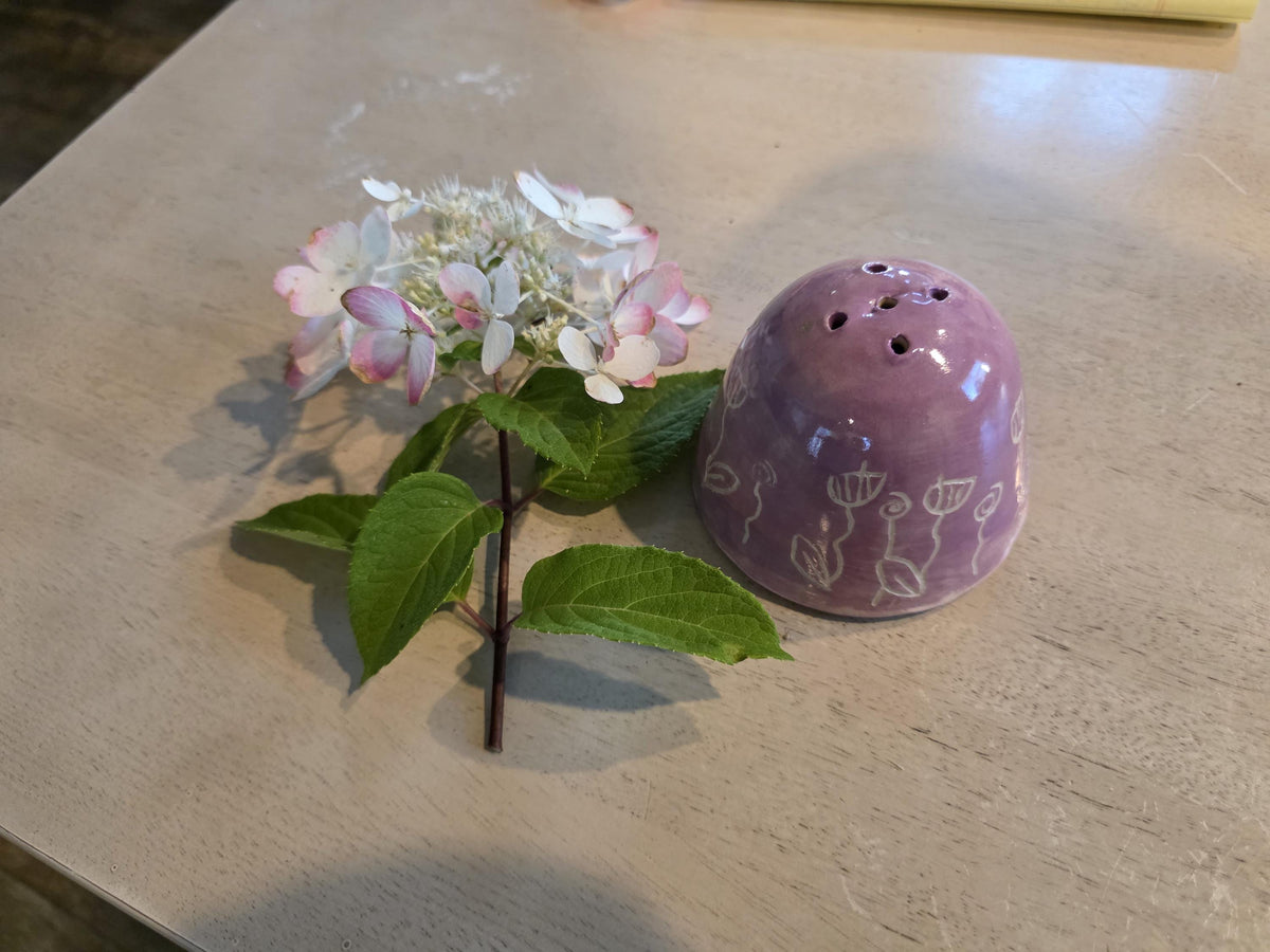 Sgraffito tulip flower frog bud vase, handmade by Outer Reef Ceramics