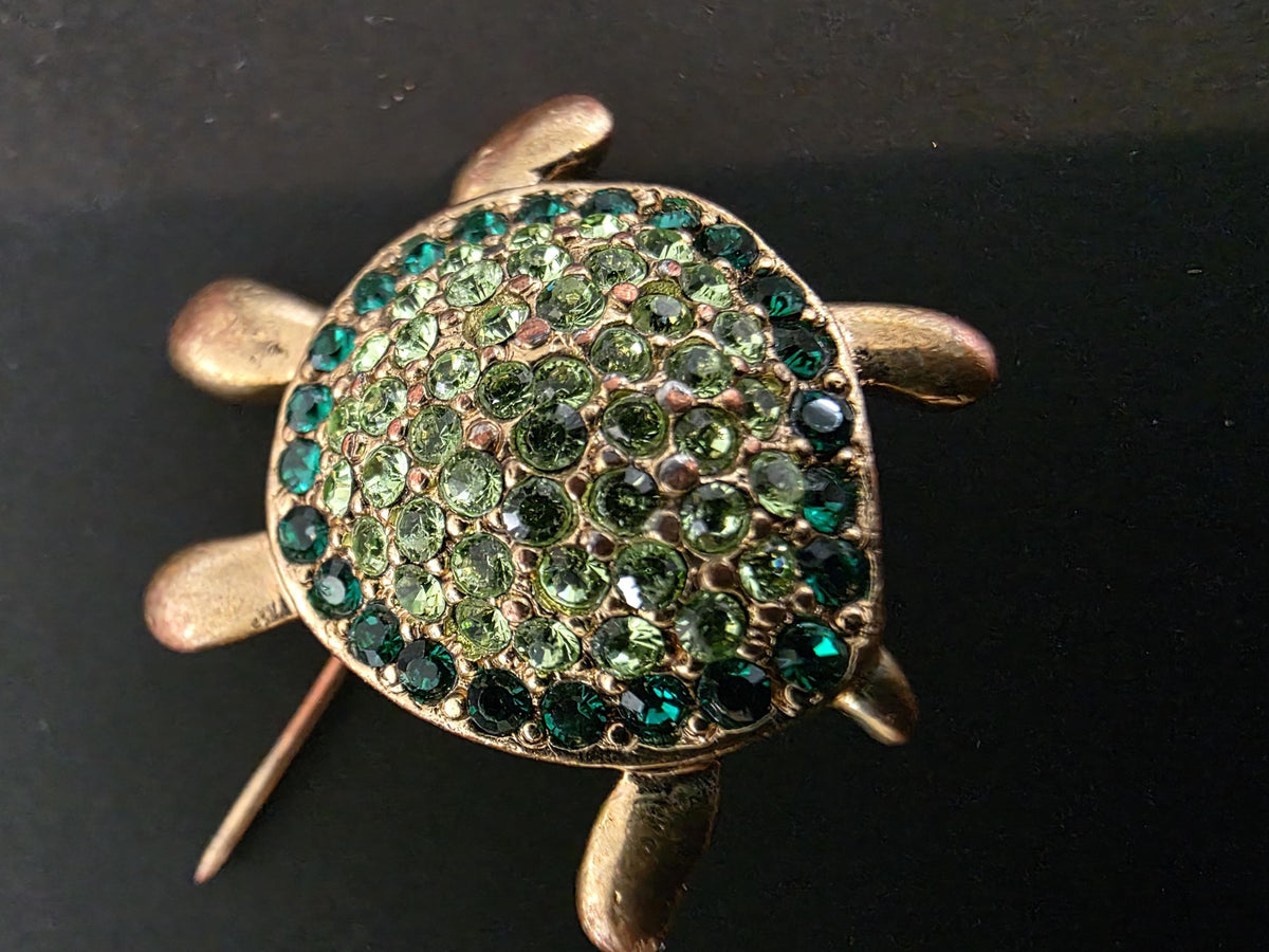 Monet turtle brooch gift for her pin for coat green stones and gold plated