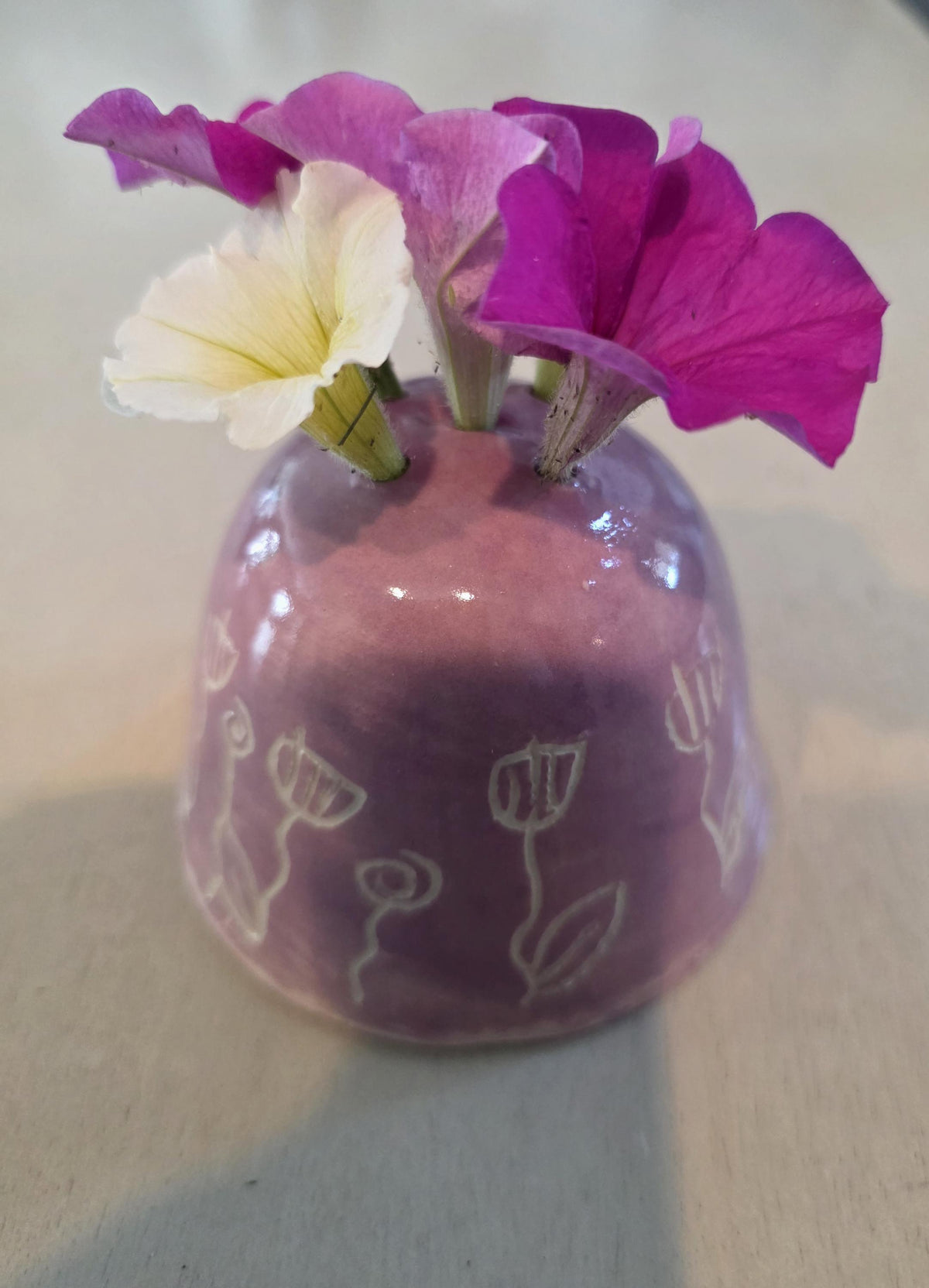 Sgraffito tulip flower frog bud vase, handmade by Outer Reef Ceramics