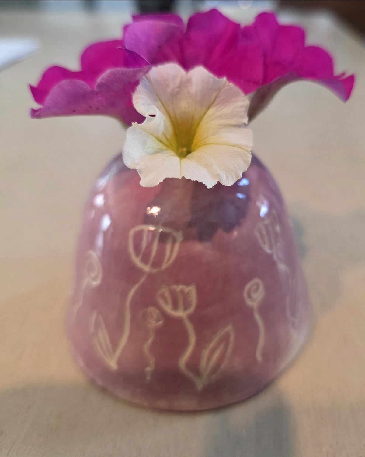 Sgraffito tulip flower frog bud vase, handmade by Outer Reef Ceramics