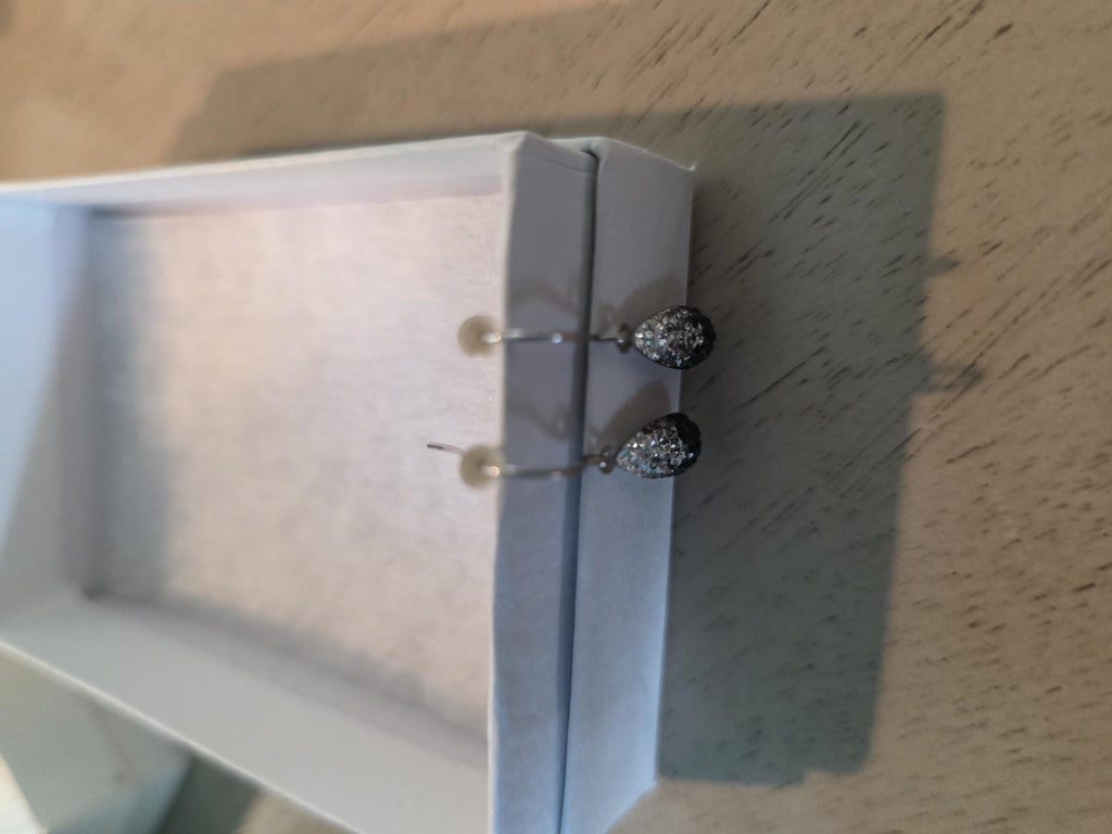 Vintage Sterling Silver Pave Teardrop Earrings, Black and Clear Rhinestone Dangles