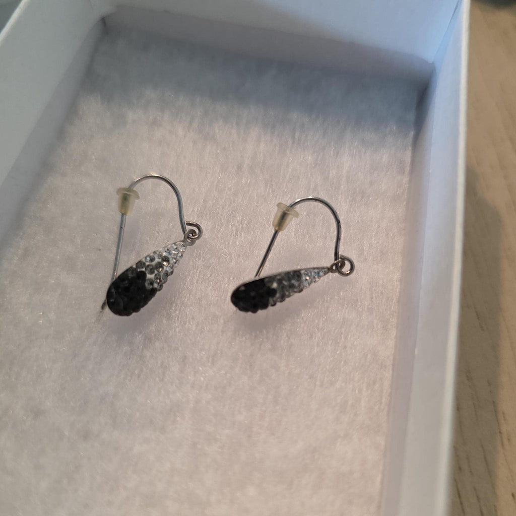 Vintage Sterling Silver Pave Teardrop Earrings, Black and Clear Rhinestone Dangles