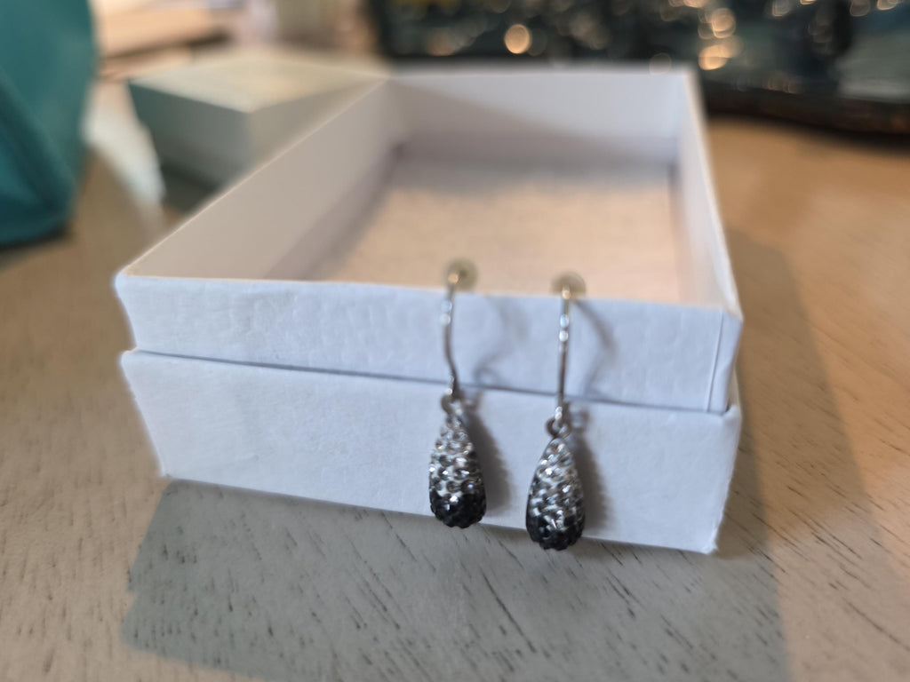 Vintage Sterling Silver Pave Teardrop Earrings, Black and Clear Rhinestone Dangles