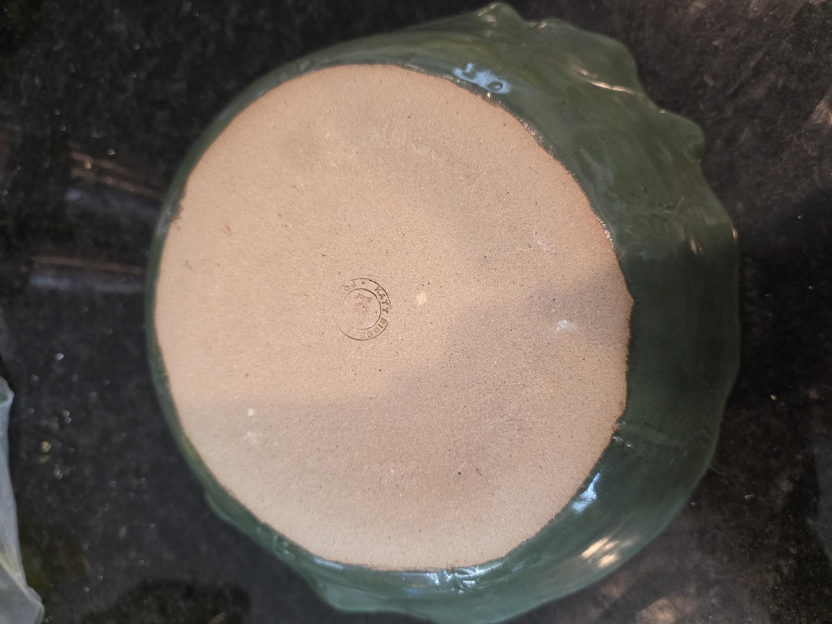 Carved leaf serving bowl in sage green, handmade by Outer Reef Ceramics