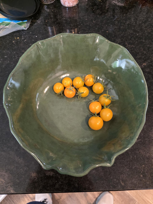 Carved leaf serving bowl in sage green, handmade by Outer Reef Ceramics