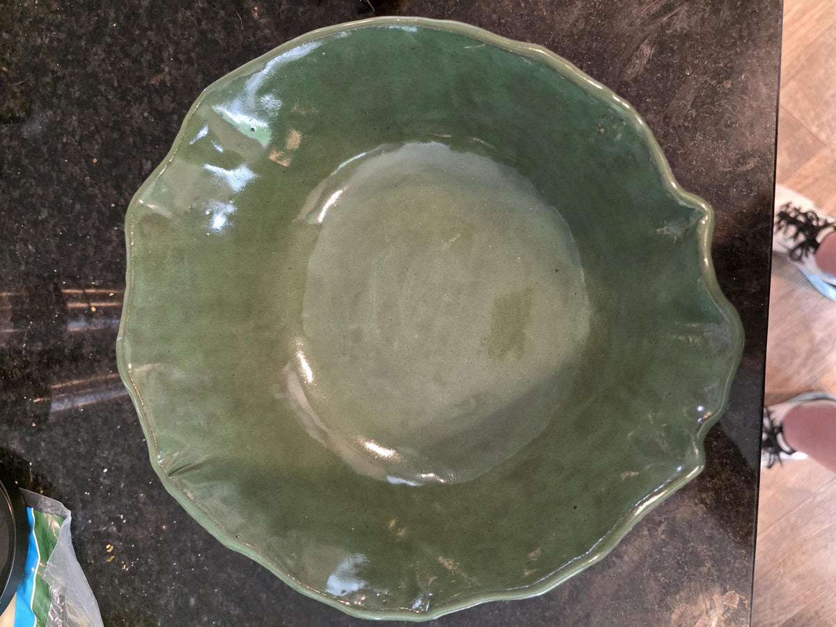 Carved leaf serving bowl in sage green, handmade by Outer Reef Ceramics